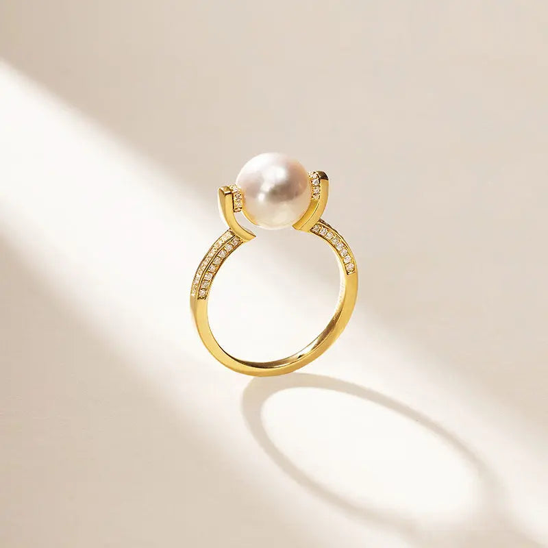 SUNRISE COLLECTION Akoya Pearl 18K Gold Single Band Design Elegant Diamonds Ring - HELAS Jewelry