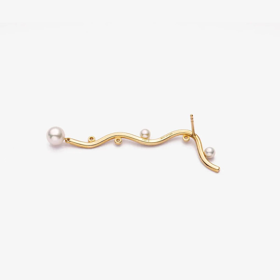 VINE COLLECTION Akoya Pearl 18K Yellow Gold Diamond Long Streamlining Earring - HELAS Jewelry