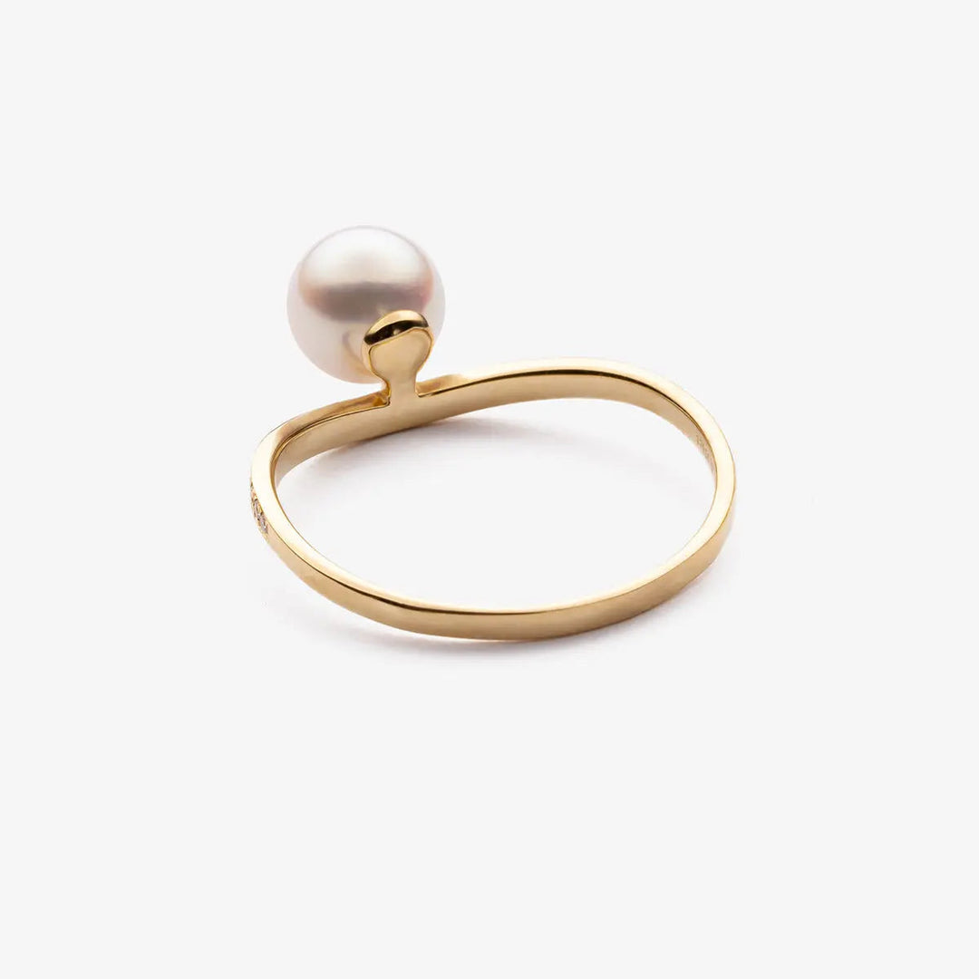 Akoya Pearl Ring 18K Yellow Gold Diamond V shaped Ring