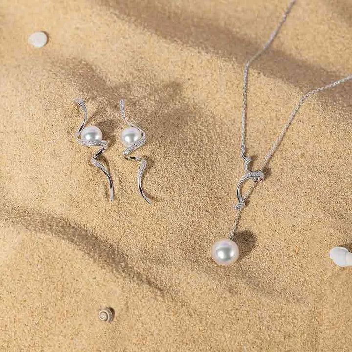 WAVES COLLECTION Akoya Pearl 18K White Gold Wave Curl Long Drop Diamonds Earrings WAVES COLLECTION Akoya Pearl 18K White Gold Wave Curl Long Drop Diamonds Earrings THE WAVES COLLECTION