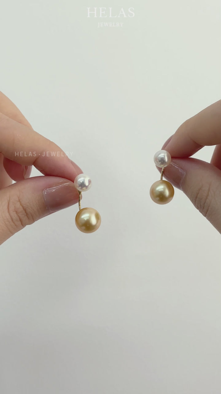 South Sea and Akoya Double Pearl 18K Gold Curved Stud Earrings