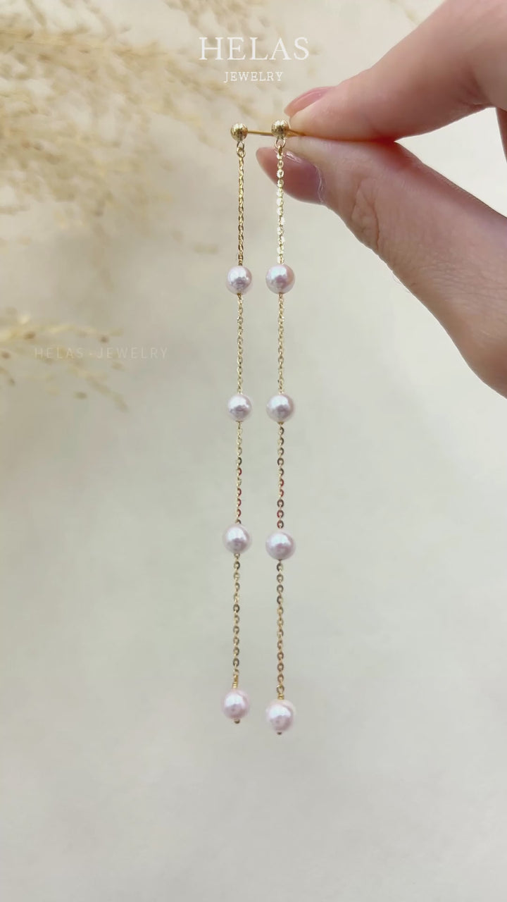 Akoya Pearl 18K Gold Four Pearls Hanging Design Earrings