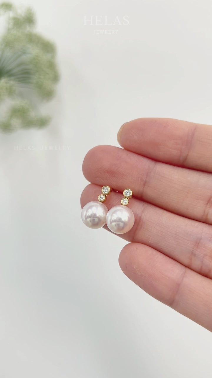 Akoya Pearl 18K Gold Double Diamond Elegant Earrings