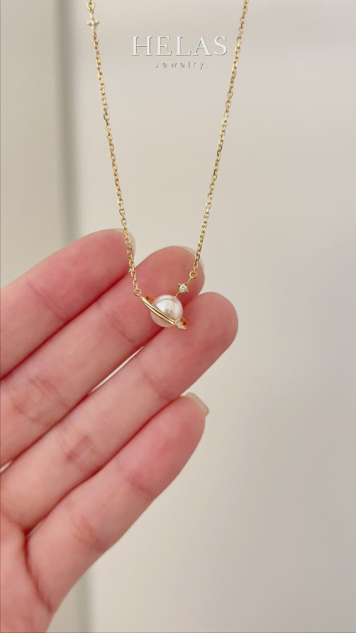 Akoya Pearl 18K Gold Planet Necklace