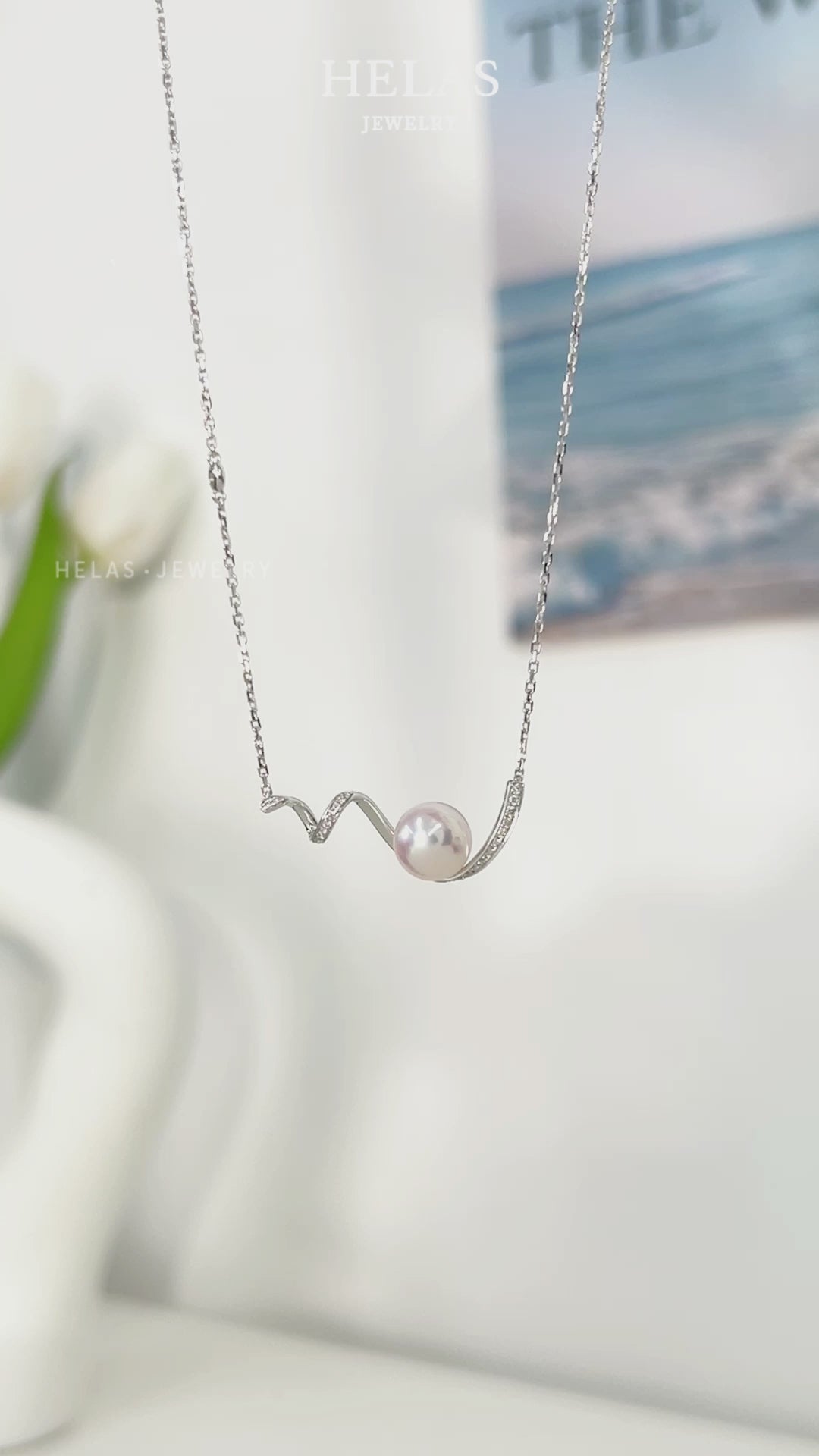 Akoya Pearl 18K White Gold Small Wave Curl Diamonds Necklace