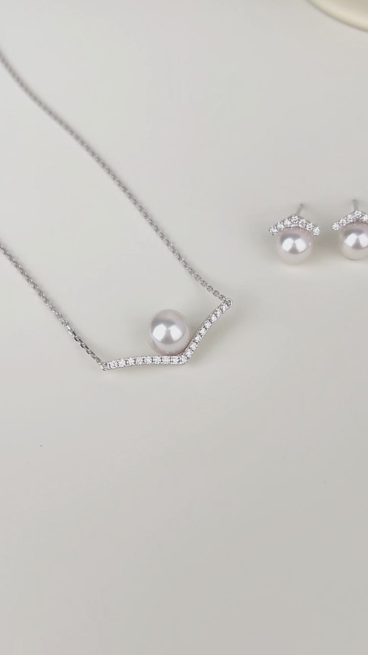 Akoya Pearl 18K White Gold V-shape Diamond Stud Earrings