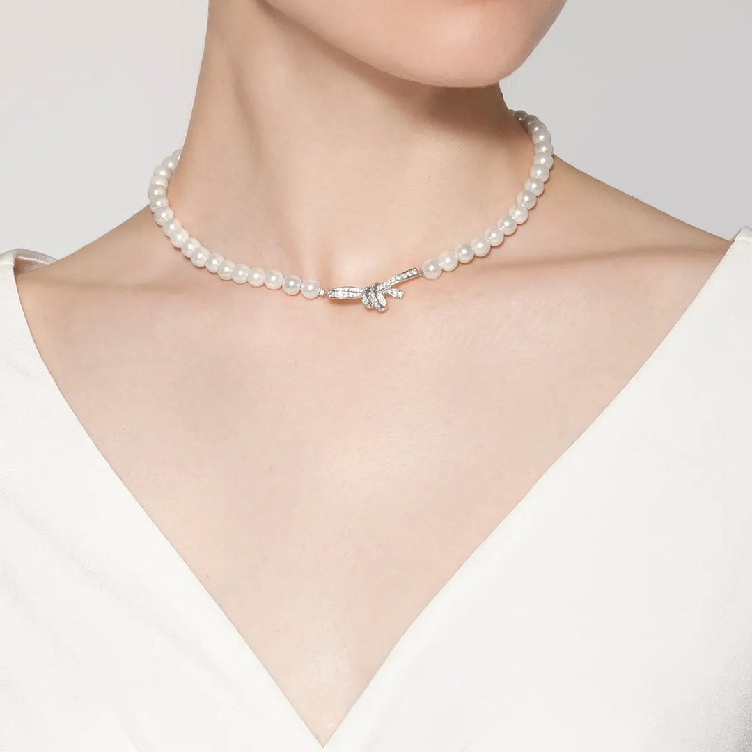 BRIDAL COLLECTION Akoya Pearl 18K White Gold Bowknot Diamond Necklace - HELAS Jewelry