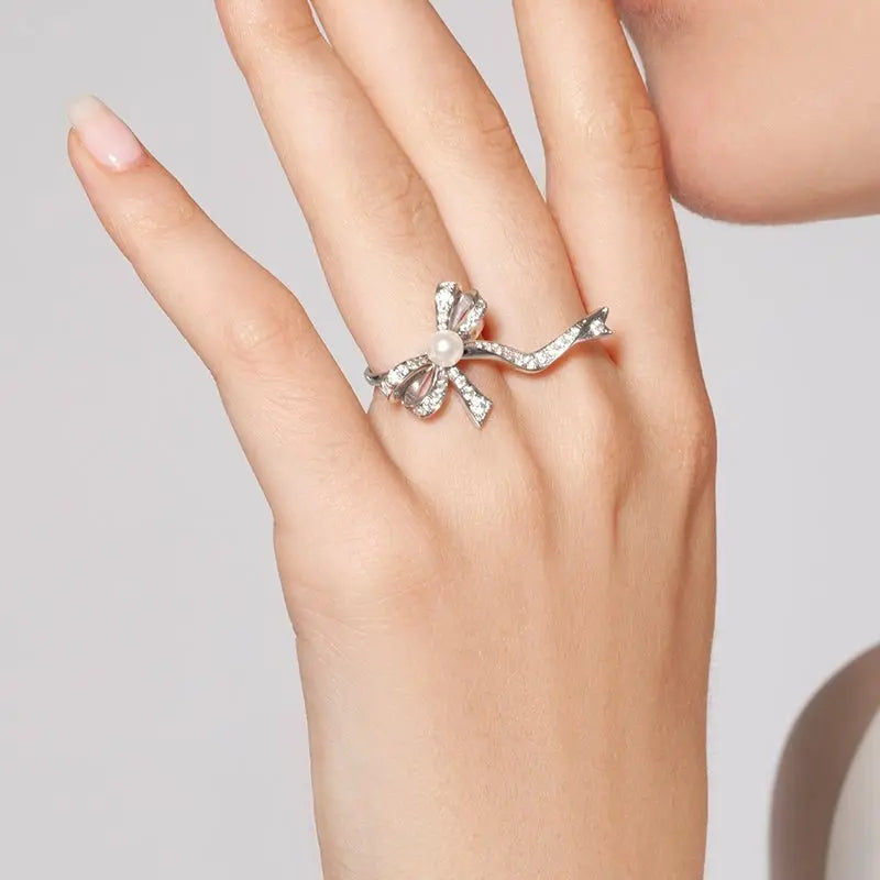 Bridal Collection Akoya Pearl 18K White Gold Bowknot Diamond Ribbon Ring - HELAS Jewelry