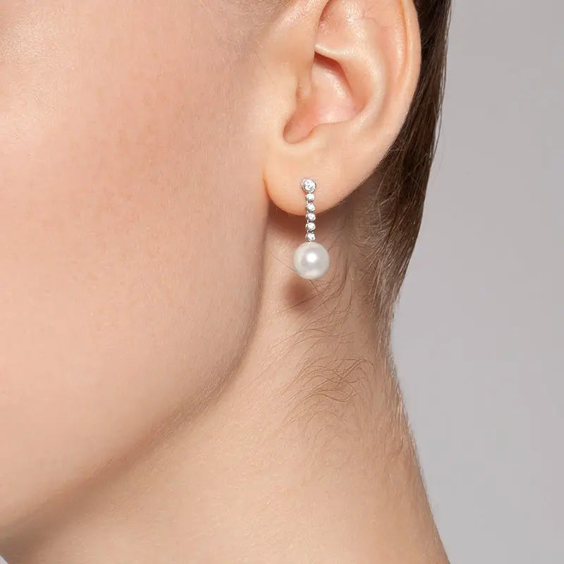 Bridal Collection Akoya Pearl 18K White Gold Diamond Long Earrings - HELAS Jewelry