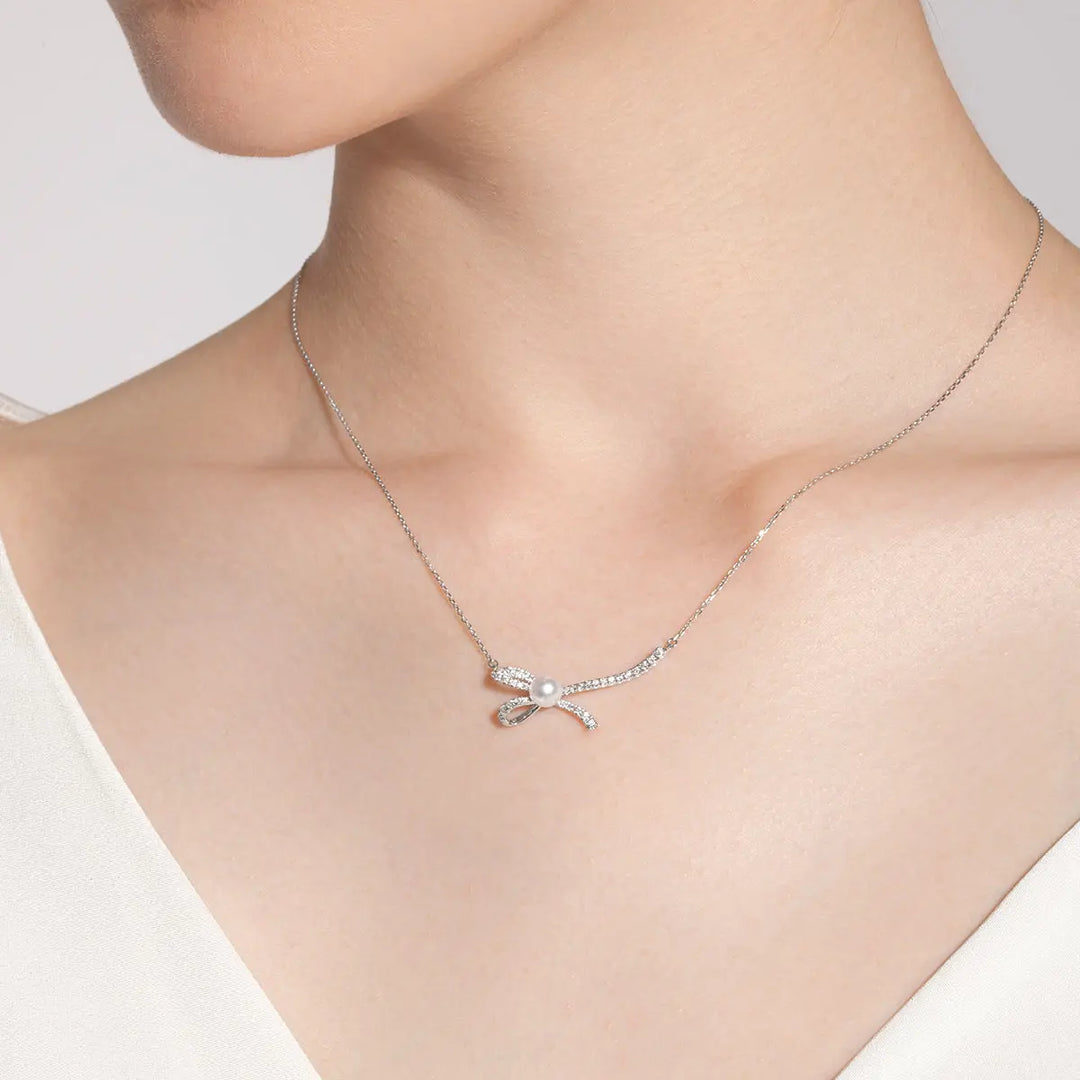 Akoya Pearl 18K White Gold Diamond Ribbon Necklace