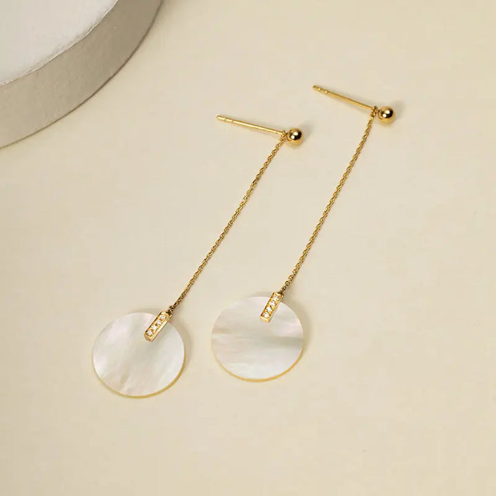DAWN COLLECTION 18K Gold Mother of Pearl Flat Style Diamonds Hanging Earrings - HELAS Jewelry