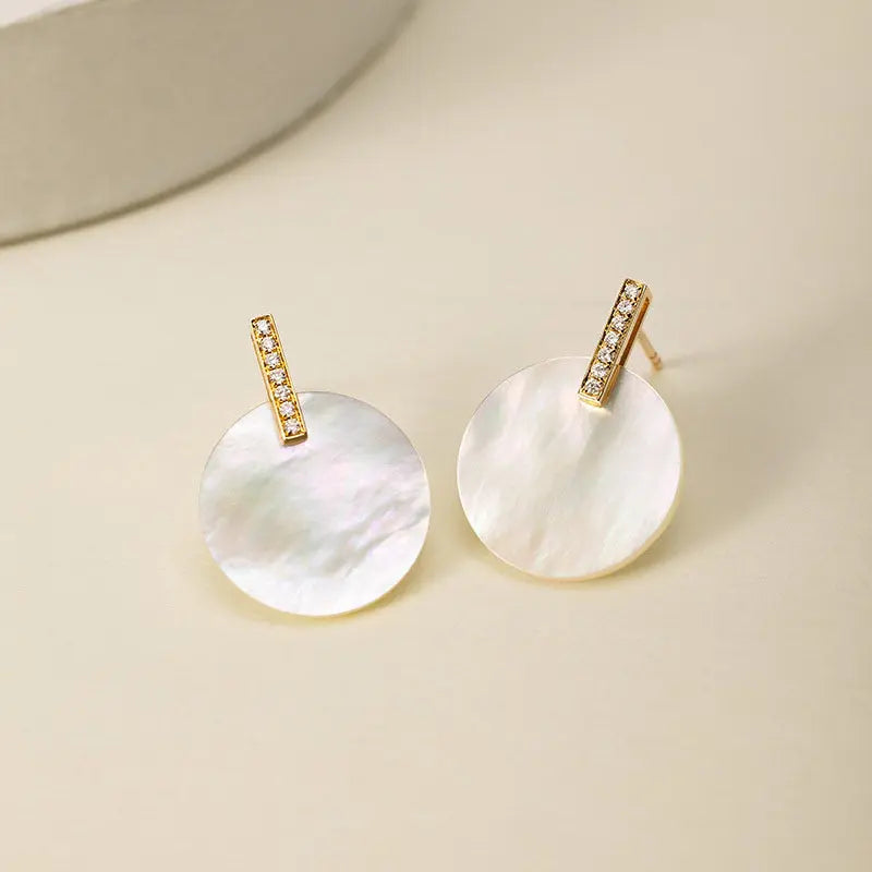 DAWN COLLECTION 18K Gold Mother of Pearl Flat Style Diamonds Stud Earrings