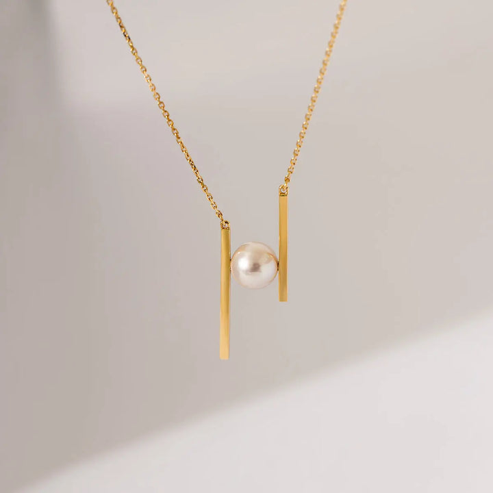 H COLLECTION Akoya Saltwater Pearl 18K Yellow Gold Asymmetric "H" Necklace - HELAS Jewelry