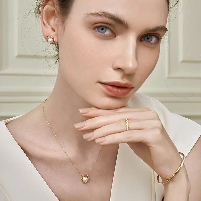 Akoya Pearl Necklace 18K Yellow Gold Diamond Knot Pendant - HELAS Jewelry