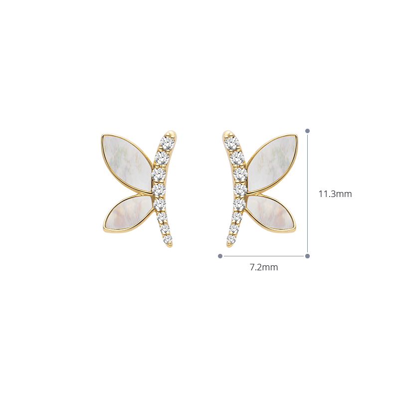 Mother-of-pearl 18K Gold Diamond Dragonfly Ear Studs Earrings