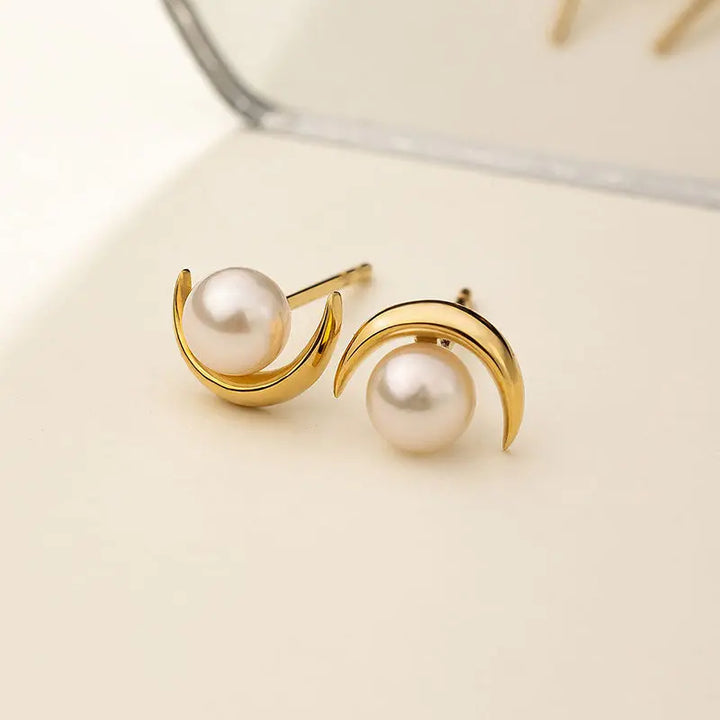 MOON OUTLINE COLLECTION Akoya Pearl 18K Gold Refined Design Earrings - HELAS Jewelry