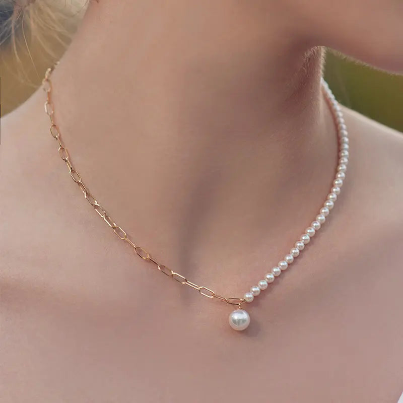 WONDERLAND COLLECTION Akoya Pearl 18K Gold Pearl Pendant Half Chain Design Noble Necklace - HELAS Jewelry