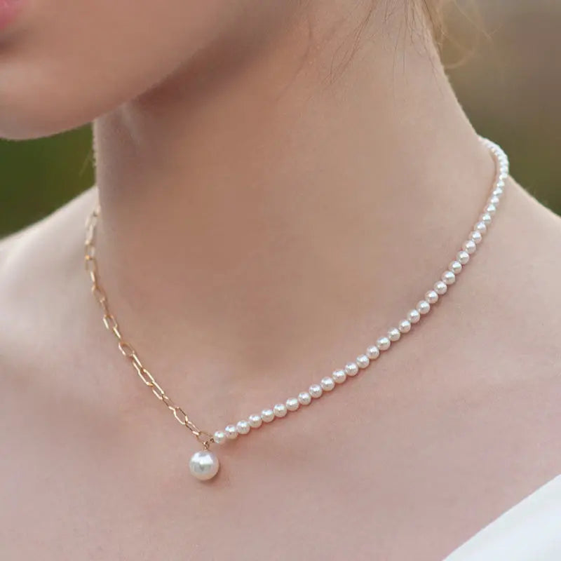 WONDERLAND COLLECTION Akoya Pearl 18K Gold Pearl Pendant Half Chain Design Noble Necklace - HELAS Jewelry