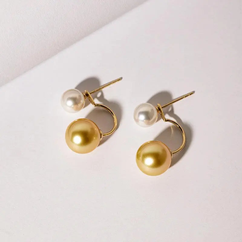 MOMENT COLLECTION South Sea and Akoya Double Pearl 18K Gold Curved Stud Earrings - HELAS Jewelry