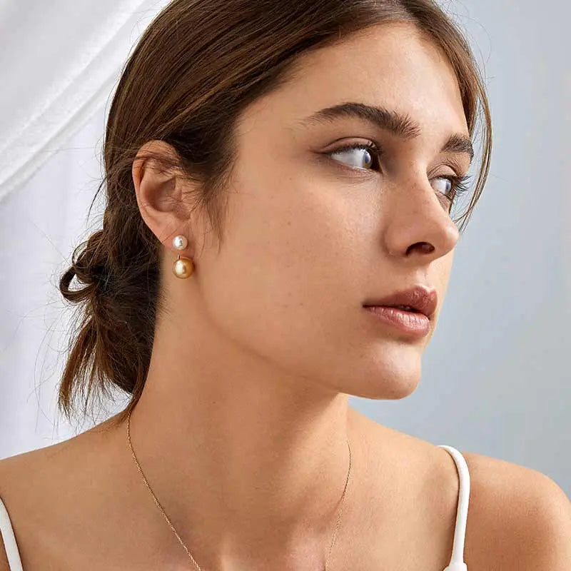 MOMENT COLLECTION South Sea and Akoya Double Pearl 18K Gold Curved Stud Earrings - HELAS Jewelry