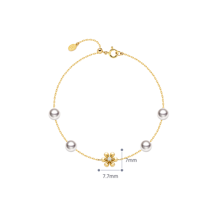 Akoya Pearl 18K Gold Diamond Flower Core Dainty Bracelet