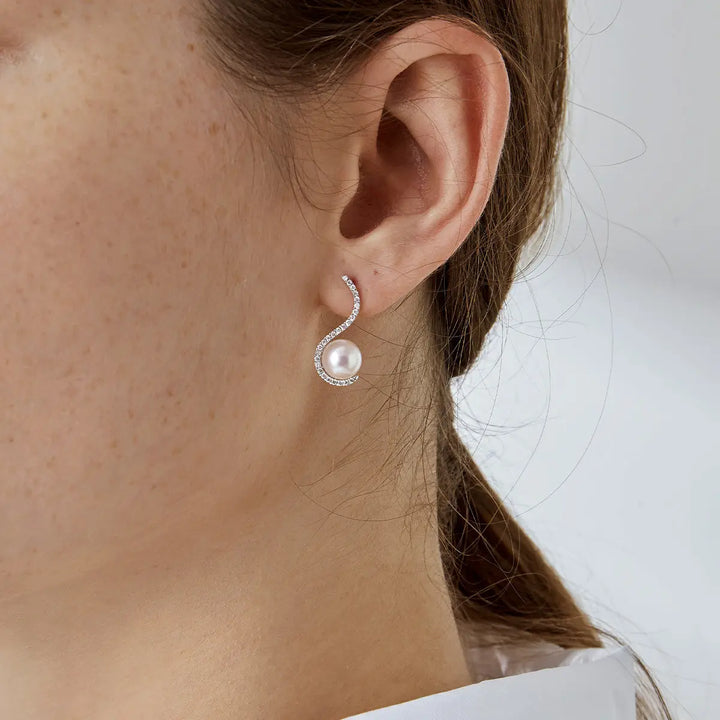 REFLECT COLLECTION Akoya Pearl 18K White Gold Swan Diamond Earrings - HELAS Jewelry