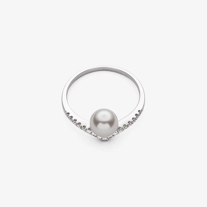REFLECT COLLECTION Akoya Pearl 18K White Gold V-shape Diamond Ring - HELAS Jewelry