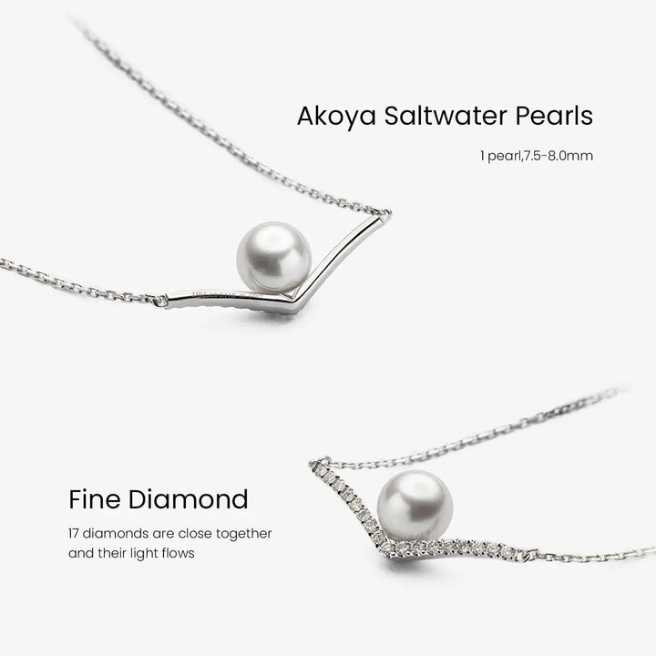 REFLECT COLLECTION Akoya Saltwater Pearl 18K White Gold Diamond V-shape Necklace - HELAS Jewelry