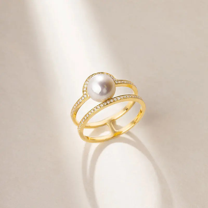 SUNRISE COLLECTION Akoya Pearl 18K Gold Parallel Double Circle Design Diamonds Ring - HELAS Jewelry
