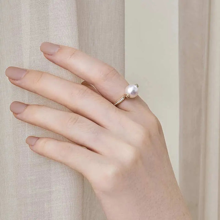 SUNRISE COLLECTION Akoya Pearl 18K Gold Single Band Design Elegant Diamonds Ring - HELAS Jewelry