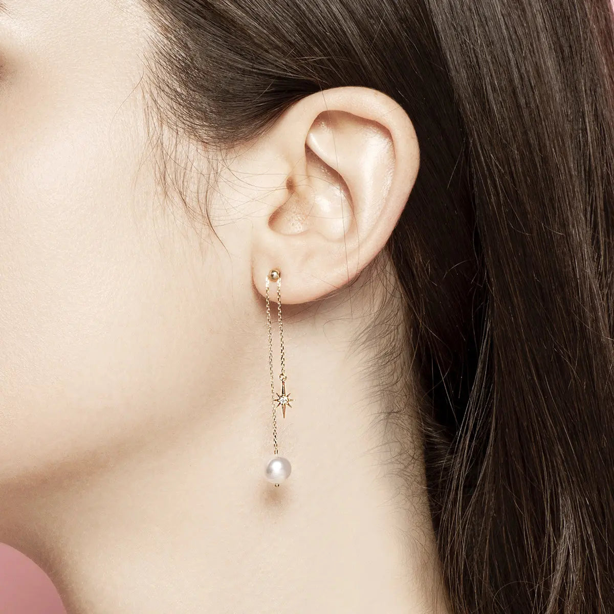 STAR COLLECTION Akoya Pearl 18K Gold Diamond Long Stud Earrings