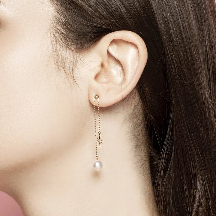 STAR COLLECTION Akoya Pearl 18K Gold Diamond Long Stud Earrings - HELAS Jewelry