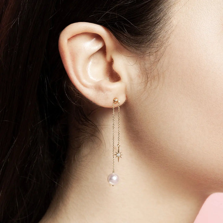 STAR COLLECTION Akoya Pearl 18K Gold Diamond Long Stud Earrings - HELAS Jewelry