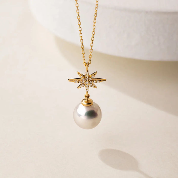 STAR COLLECTION Premier Akoya Pearl 18K Gold Diamond Necklace - HELAS Jewelry