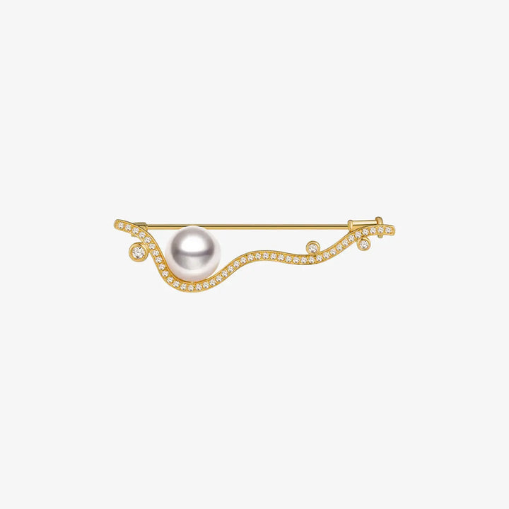 VINE COLLECTION Akoya Pearl 18K Yellow Gold Diamond Brooch - HELAS Jewelry