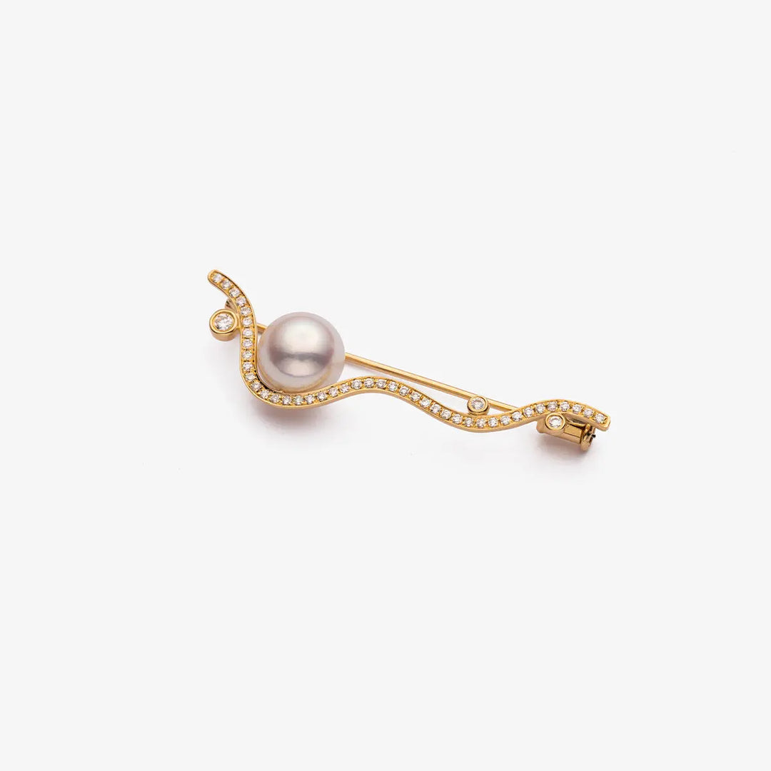VINE COLLECTION Akoya Pearl 18K Yellow Gold Diamond Brooch - HELAS Jewelry
