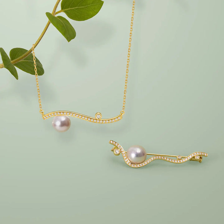 Akoya Pearl Necklace 18K Yellow Gold Diamond Necklace