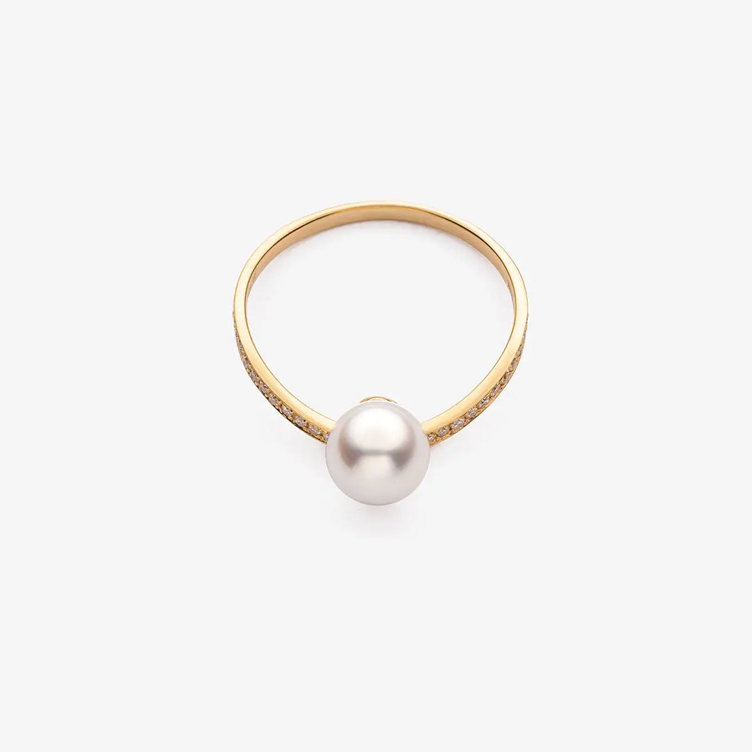 Akoya Pearl Ring 18K Yellow Gold Diamond V shaped Ring