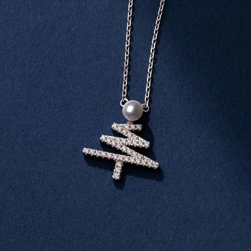 Akoya Pearl Necklace 18K White Gold Christmas Tree Diamond Pendant Necklace - HELAS Jewelry