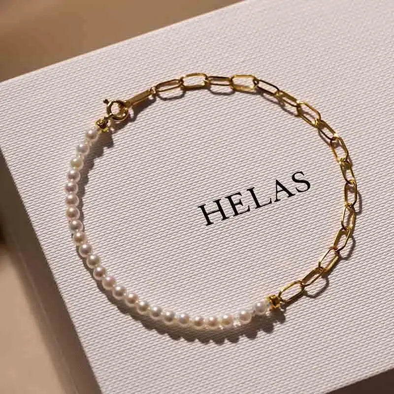 WONDERLAND COLLECTION Akoya Pearl 18K Gold Half Chain Design Gold Bead Bracelet - HELAS Jewelry